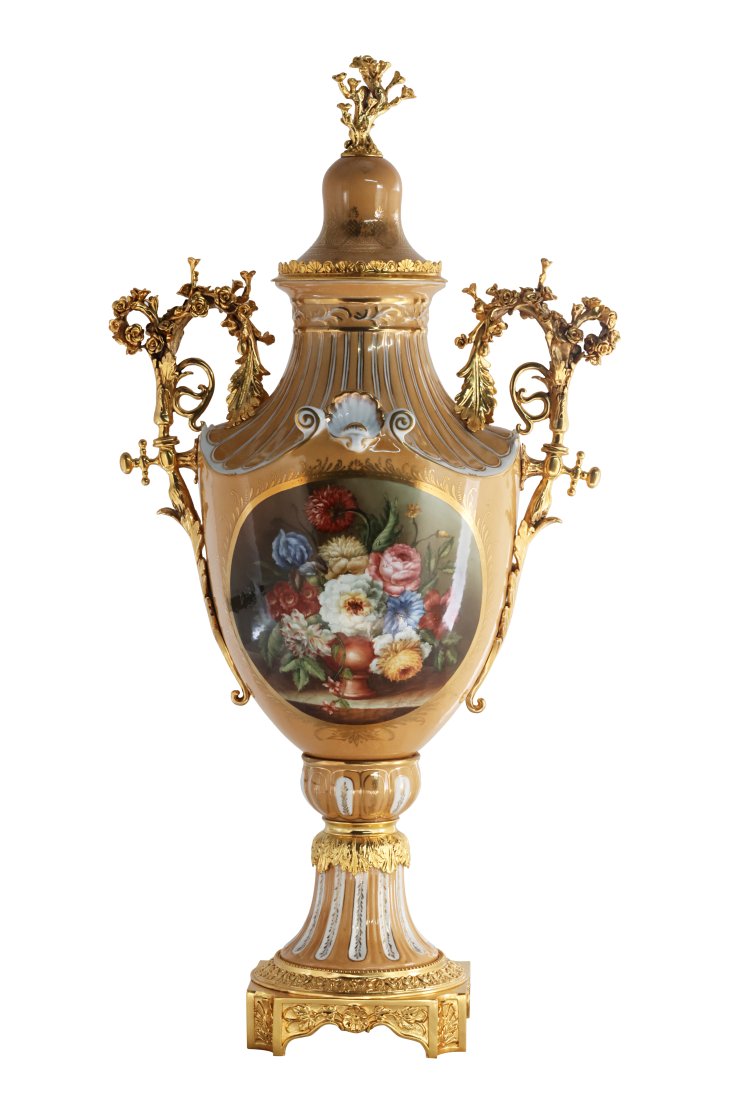 Luxurious Hand Painted Porcelain and Bronze Vase: Up for auction is a beautiful porcelain vase. The vaseâ€™s body sits on top of a flared stem, and a bronze square base. This piece is highlighted by the incredibly detailed bronze vine handles an