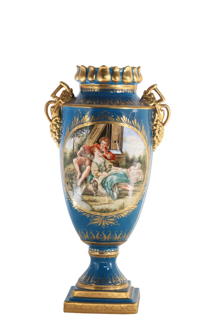 Grape Handle Courtship Vase: Up for auction is a beautiful porcelain vase. The vaseâ€™s body sits on top of a flared stem, and square base. The piece is highlighted by the incredibly detailed grape handles. The blue color of
