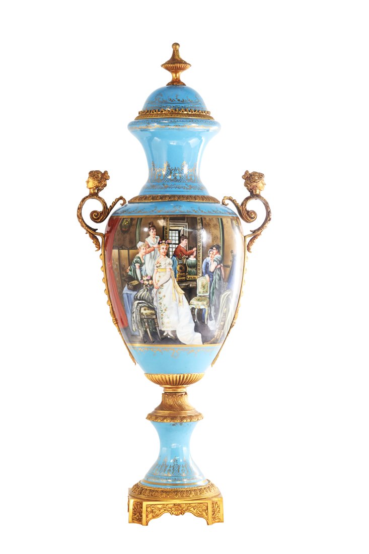 Gorgeous Hand Painted Porcelain And Bronze Society Vase: Up for auction is an exceptional porcelain vase. The vaseâ€™s body sits on top of a flared stem, and a bronze square base. This piece is highlighted by the incredibly detailed bronze handles exem