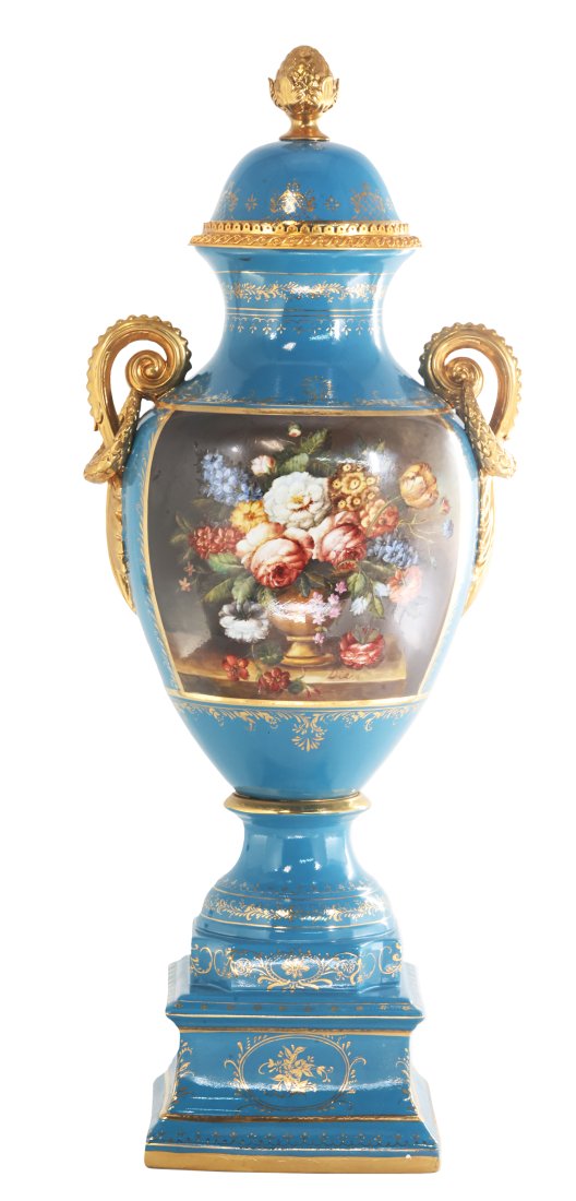 Hand Painted Floral Vase: Up for auction is classic porcelain vase. The vaseâ€™s body sits on top of a flared stem, and a square base. This piece is highlighted by the bronze vine handles as well as the bronze elements on