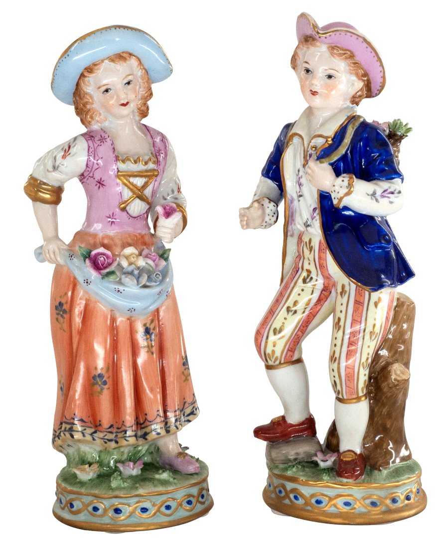 Flower Picking Porcelain Figurines: Up for auction is a pair of hand painted porcelain figures. Created in a classic Rococo style, each figure is brand new and stands 9 inches in height.