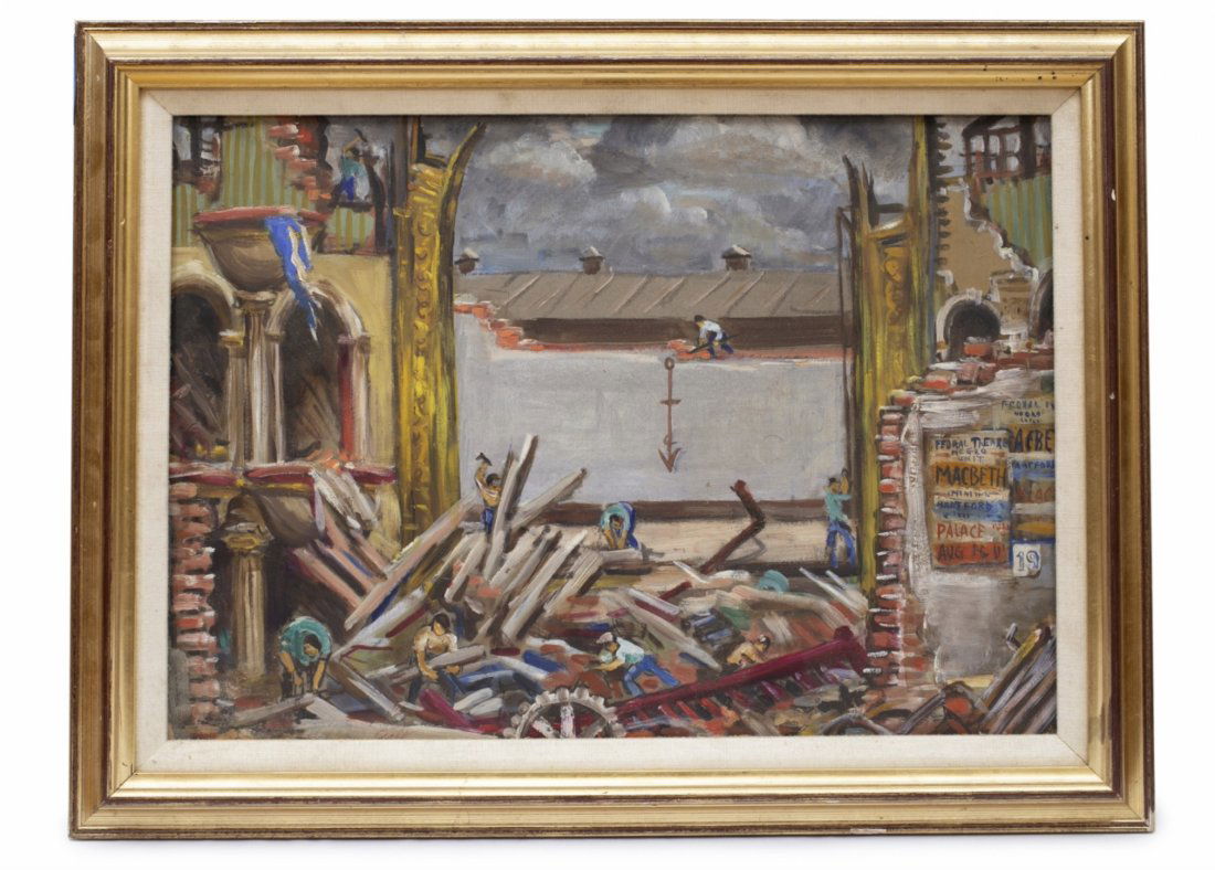 Francois Gall Demolition Of The Federal Theater: This small painting is oil paint on board and comes in a gilded frame. FranÃ§ois Gall was a Hungarian-born French painter best known for his Impressionistic style. Primarily focused on the figure, h