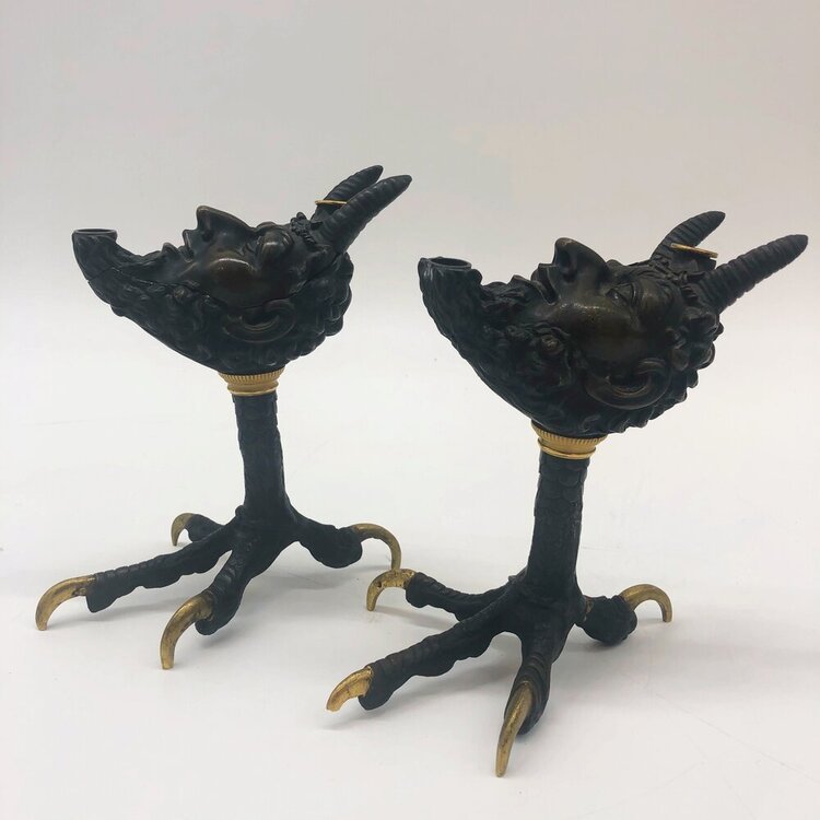 19th Century French Cast Bronze Satyr Talon Smoking Set
