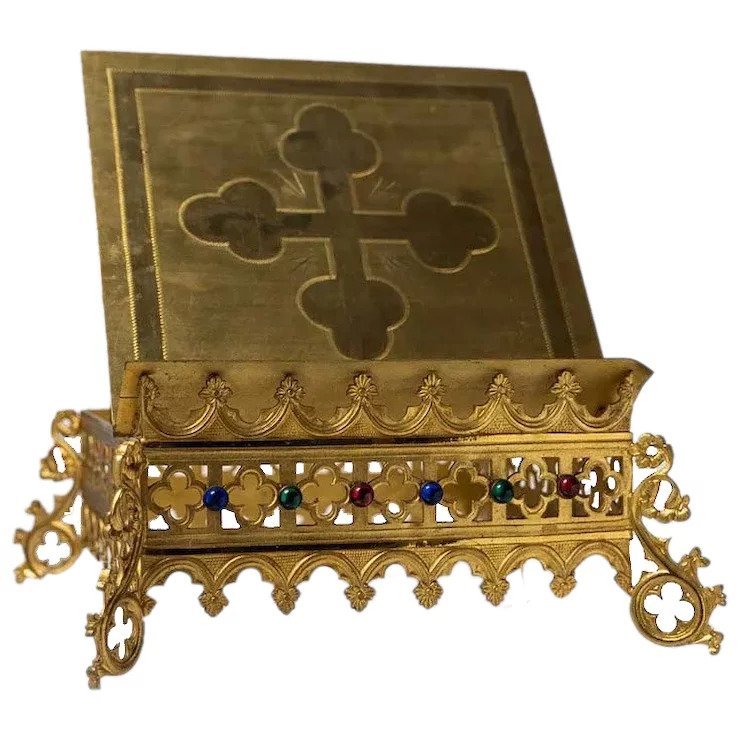 Antique Gothic Style Gilt Brass Bible Stand: Brass top with acid-etched budded cross design. View 360 video here With adjustable slides, jeweled fro