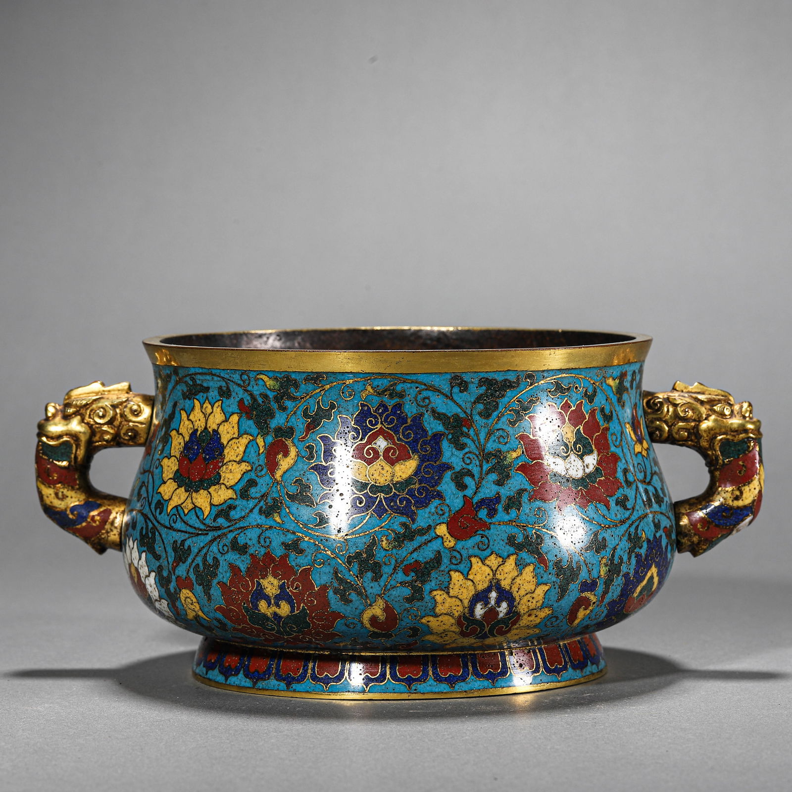 A CHINESE CLOISONNÉ CENSER WITH DOUBLE DRAGON HANDLES, MARKED "DA MING JIAJING NIANZHI," POSSIBLY (1 of 5)