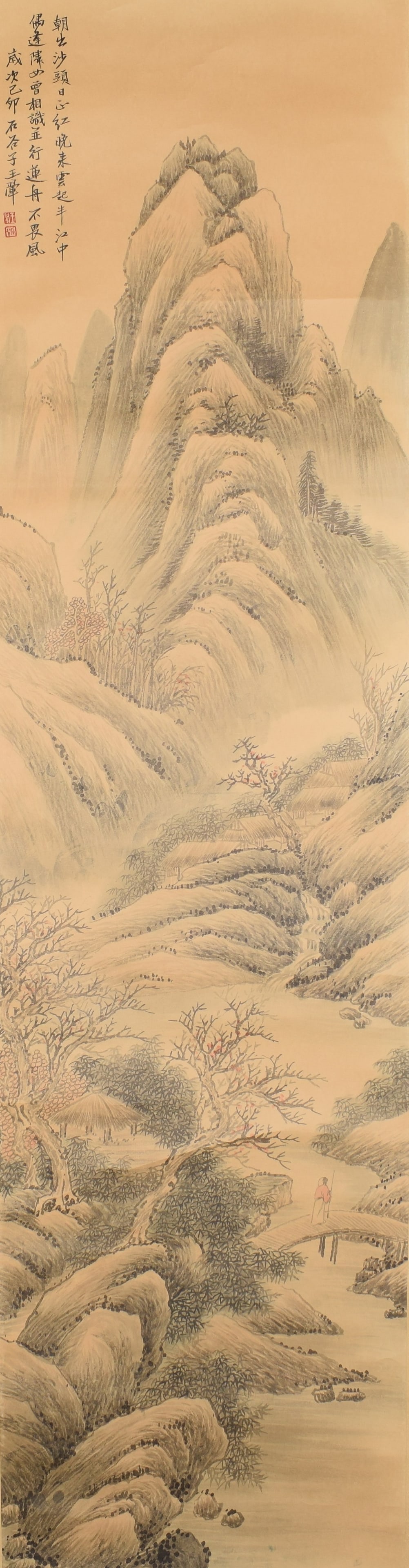 A LANDSCAPE PAINTING, MARKED "WANG HUI" (1632–1717), INK AND COLOR ON PAPER, HANGING SCROLL.: A LANDSCAPE PAINTING, MARKED "WANG HUI" (1632–1717), INK AND COLOR ON PAPER, HANGING SCROLL. Dimensions: 52 × 13 3/8 in. (132 × 34 cm) ALL ITEMS SOLD AS IS, NO RETURNS Condition: Any state