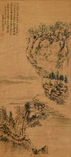 A LANDSCAPE PAINTING, MARKED "SHI XI" (17TH CENTURY), INK AND COLOR ON PAPER, HANGING SCROLL.: A LANDSCAPE PAINTING, MARKED "SHI XI" (17TH CENTURY), INK AND COLOR ON PAPER, HANGING SCROLL. Dimensions: 37 3/8 × 17 5/16 in. (95 × 44 cm) ALL ITEMS SOLD AS IS, NO RETURNS Condition: Any