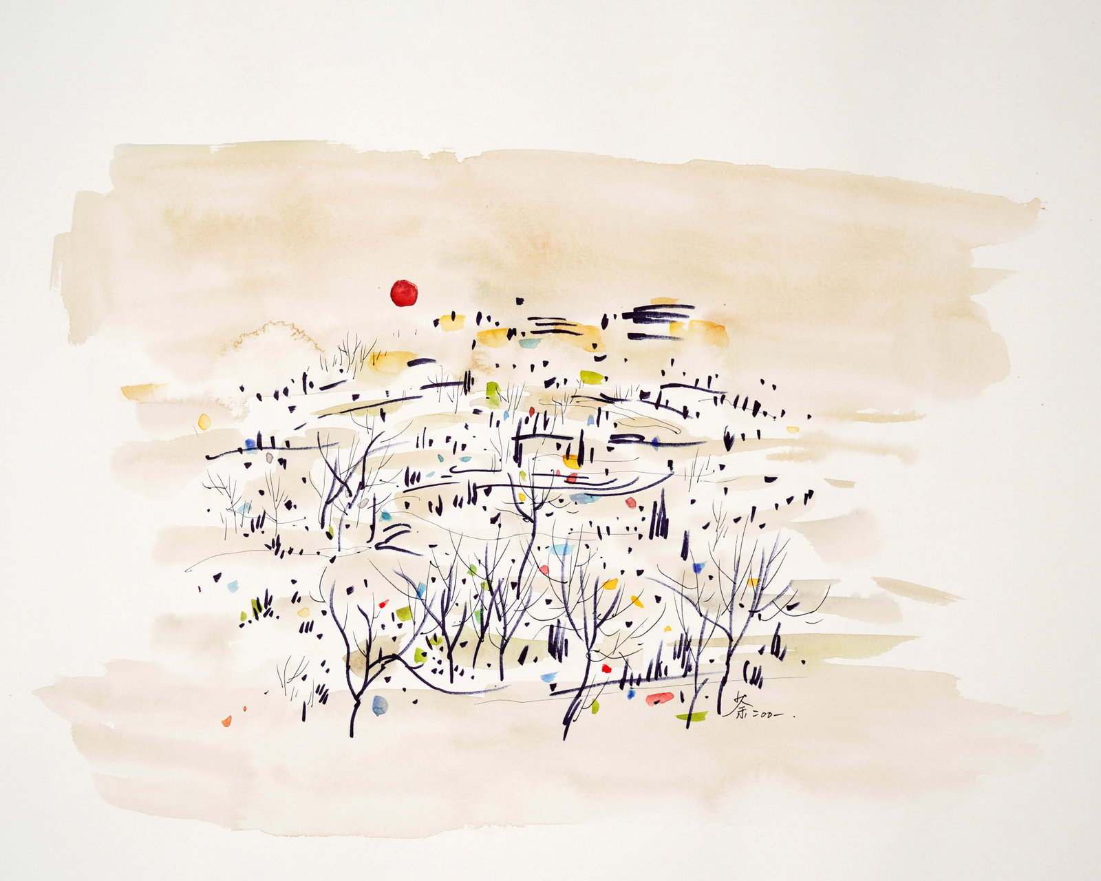 WU GUANZHONG (1919-2010), INK WITH WATERCOLOR ON PAPER: WU GUANZHONG (1919-2010), INK WITH WATERCOLOR ON PAPER Dimensions: Image Size: 29 7/8 x 20 3/4 inches (76cm x 53cm) Wu Guanzhong (1919-2010) was a master painter of the twentieth century in the Chines