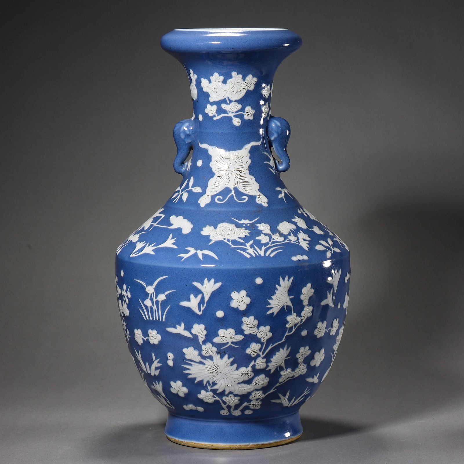 A CHINESE BLUE GLAZED LOTUS POND VASE WITH ELEPHANT HANDLES, POSSIBLY QING DYNASTY, 19TH CENTURY. (1 of 3)
