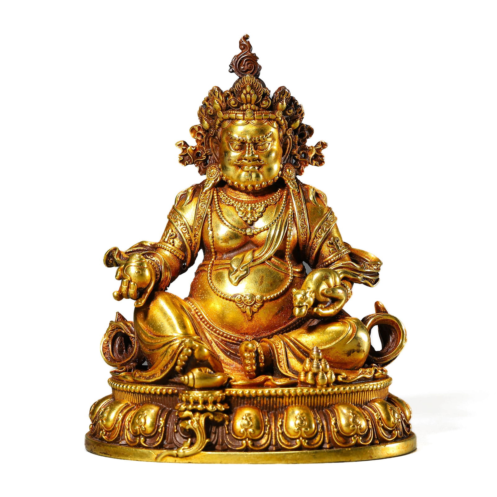 A CHINESE GILT-BRONZE FIGURE OF YELLOW JAMBHALA. (1 of 3)
