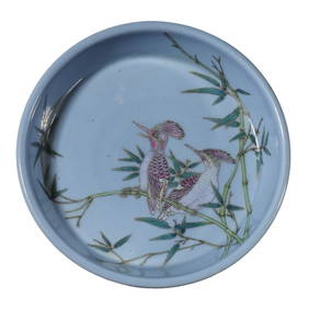 A CHINESE BLUE-GROUND FAMILLE ROSE BRUSH WASHER WITH FLOWERS AND BIRDS, MARKED "DA QING YONGZHENG (1 of 3)