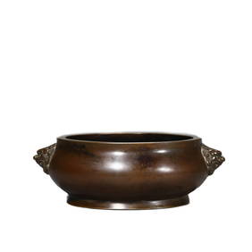 A CHINESE COPPER DOUBLE LION-EARED CENSER MARKED "DA MING XUAN DE NIAN ZHI" POSSIBLY MING DYNASTY (1 of 4)