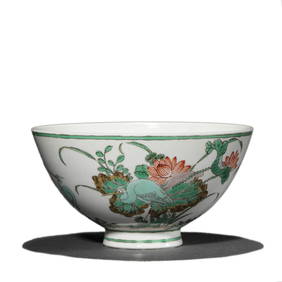 A CHINESE WUCAI BOWL WITH LOTUS POND DESIGN, MARKED "DA MING CHENGHUA NIAN ZHI," POSSIBLY MING (1 of 4)