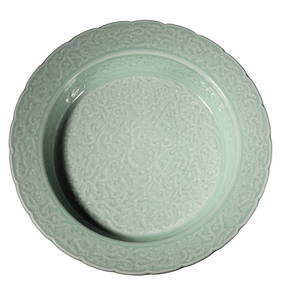 A CHINESE CELADON DISH WITH SCROLLING LOTUS DESIGN, MARKED "DA QING QIANLONG NIAN ZHI," POSSIBLY (1 of 3)