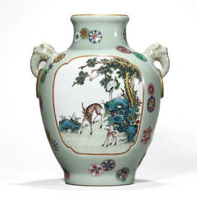A CHINESE CELADON GLAZED DOUBLE-HANDLED VASE WITH POLYCHROME AND GILT "CRANES AND DEER" SCENIC (1 of 3)