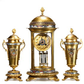 A FRENCH GILT BRONZE AND CHAMPLEVÉ ENAMEL THREE-PIECE CLOCK GARNITURE, LATE 19TH CENTURY (1 of 5)