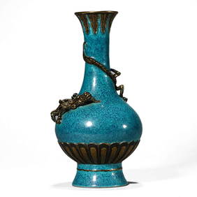 A CHINESE VASE WITH APPLIED CHILONG DECORATION IN BRONZE-TONE JUN-STYLE GLAZE, MARKED "DA QING QIAN (1 of 3)