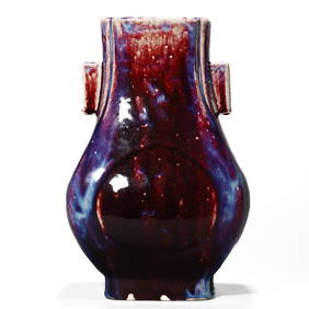 A CHINESE YAO BIAN GLAZE EARED VASE, MARKED "DA QING QIANLONG NIAN ZHI," POSSIBLY QING DYNASTY, 18TH (1 of 3)