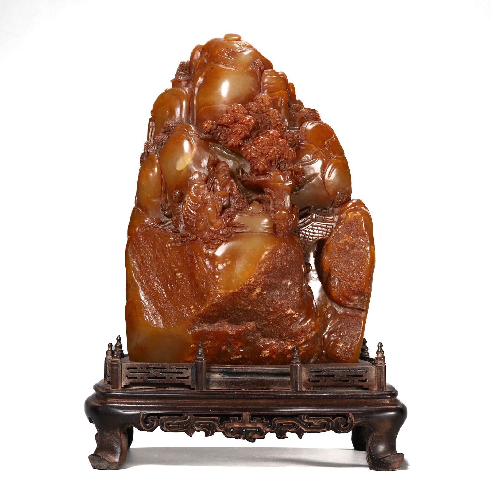 A CHINESE SHOU SHAN STONE SCHOLAR UNDER PINE TREE FIGURE.: A CHINESE SHOU SHAN STONE SCHOLAR UNDER PINE TREE FIGURE. Dimensions: Height: 10 7/8 in. (27.5 cm)