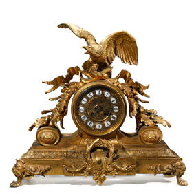 A FRENCH EMPIRE STYLE GILT BRONZE MANTEL CLOCK WITH EAGLE SURMOUNT, LATE 19TH CENTURY (1 of 4)