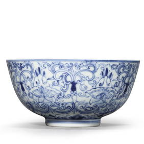 A CHINESE BLUE AND WHITE "CANTON FLOWER" PATTERN BOWL, MARKED "DA QING GUANGXU NIAN ZHI," POSSIBLY (1 of 3)