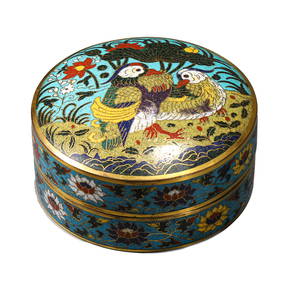 A CHINESE CLOISONNÉ ENAMEL BOX WITH MANDARIN DUCK MOTIFS AND COVER, MARKED "DA MING JIAJING NIAN (1 of 4)