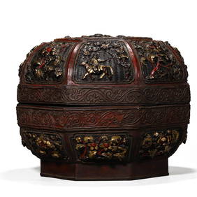 A CHINESE BLACK LACQUER BOX WITH FLORAL AND FIGURAL PAINTING, MARKED "DA MING JIA JING NIAN ZHI," (1 of 3)