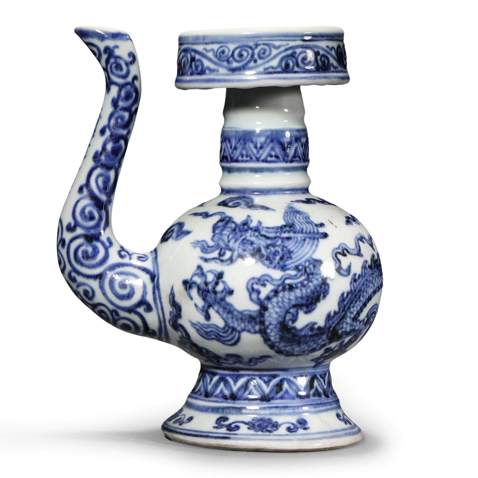 A CHINESE BLUE AND WHITE BENBA HU WITH DRAGON DESIGN, MARKED "DA MING XUANDE NIAN ZHI," POSSIBLY: Height: 7 7/8 in. (20 cm)