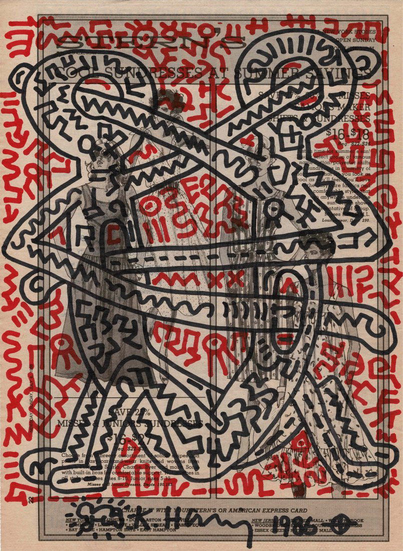 Keith Haring Newspaper Drawing 1986 & Foundation stamp: An original page from the New York News-day Times on Sunday July 6th 1986 which has had a drawing done on it in black and red by Keith Haring, this has been signed to the lower middle part with his si