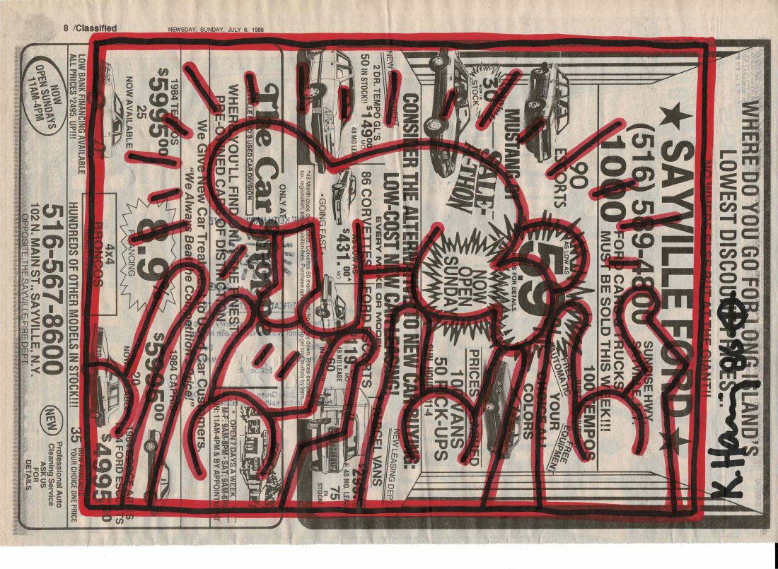 Keith Haring 1986 drawing on New York Newspaper & Certified: An original page from the New York News-day Times on Sunday July 6th 1986 which has had a drawing done on it in black and red by Keith Haring, this has a drawing of his signature crawling baby being h