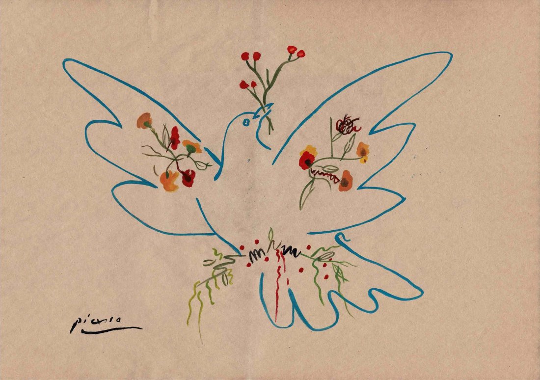 Picasso original wash painting: This is an original wash painting by Pablo Ruiz Picasso from 1953 of the peace dove and he has signed this to the lower left hand side. On the rear is a typed pasted label from The Lefevre Gallery Lon