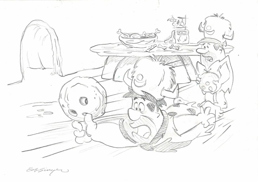 The Flintstones drawing by Bob Singer: An original pencil drawing from the Flinstones with Fred and Barney playing Bowls being A4 in size or 11 3/4 inches by 8 1/4 inches signed by Bob Singer.