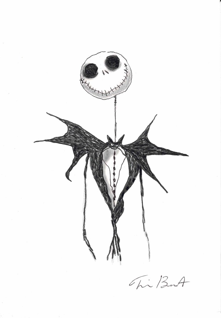 Tim Burton A Nightmare Before Christmas Drawing: An original pen ink and waterways drawing of Jack Skellington from A Nightmare Before Christmas being Jack Skellington. A4 in size or 11 /12 by 8 1/4