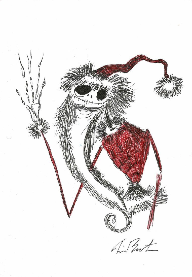 Tim Burton original Jack Skellington Father Christmas Drawing: This is a fine condition original concept drawing of an " Father Christmas by Jack Skellington " by Tim Burton and is A4 in size or 11 3/4 inches by 8 1/4 inches in close to mint condition .