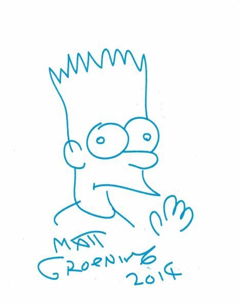 Bart Simpson drawing by Matt Groening 2014: An original drawing in blue felt tip to white thin card of Bart Simpson by Matt Groening being 7 1/4 inches by 5 1/3 inches in size and in fine condition.
