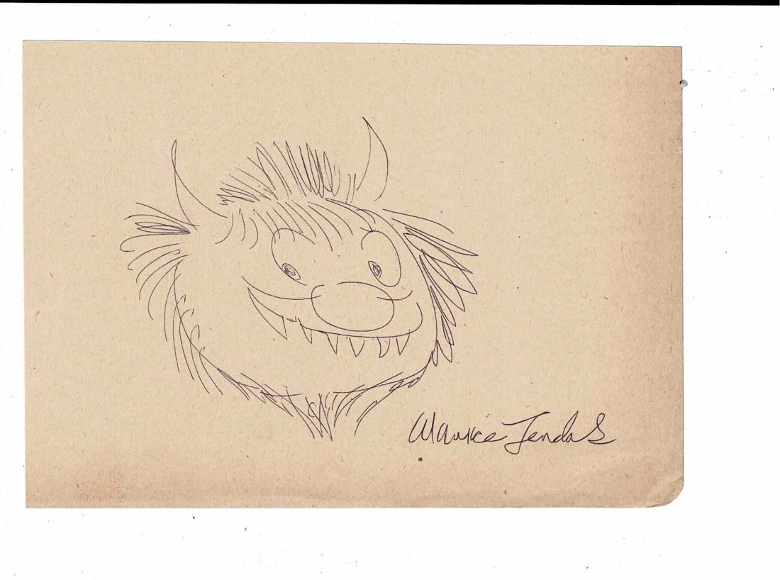 Maurice Sendak authentic Wild Things drawing: An original and authentic drawing from " Wild Things " being pencil to an album page which is very thin with creases to the right hand side. This is 6 1/4 inches by 4 1/3 inches in size. It will clean