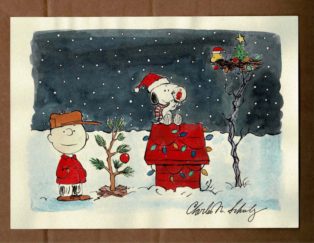 Charles Schulz original painting at Christmas with full signature: An original piece of art by Charles Schulz being pen and ink to cream art card and then watercolour. Signed with his full signature to the lower right hand corner. This is A4 in size or 11 1/4 inches