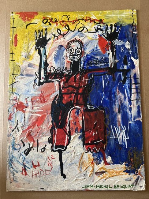 Jean Michel Basquiat Acrylic & Oil to board: An original Acrylic & Oil painting to brown cardboard being 15 inches by 11 inches in size. It is a very abstract painting in multi colour and layer from a private estate sale.On the rear is the Basqu