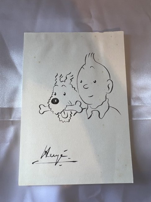Herge Tintin and Snowy Pena and Ink drawing Georges Remi: This is an original pen and in k drawing g of Tintin and Snowy by Georges Remi, better known as Herge on cream paper with black Indian ink, being 8 1/4 inches by 5 3/4 inches approx. Signed tot he low