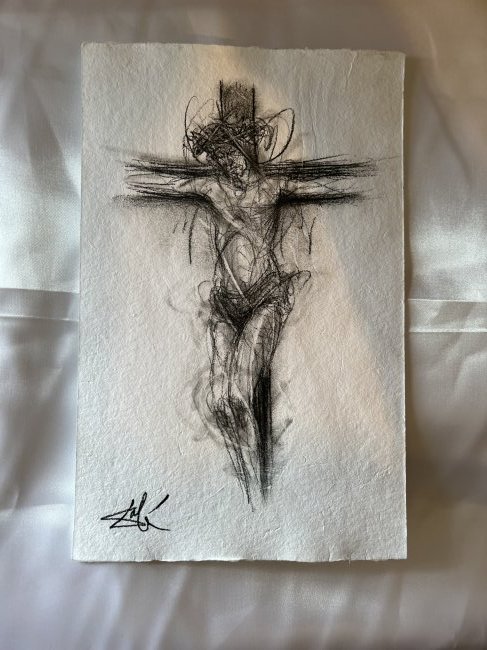 Salvador Dali original charcoal on hand made paper: An original charcoal drawing of " Christ on the cross " by Salvador Dali on white hand made paper in beautiful condition, screaming out to be mounted and framed to become the centre piece of anyones c
