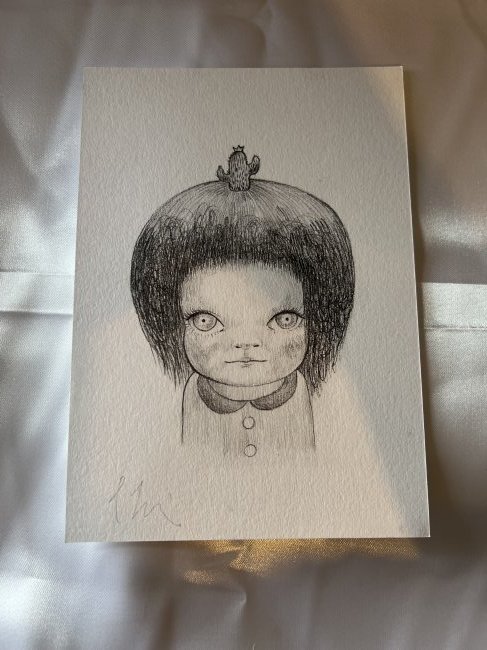 Yoshimoto Nara original pencil drawing 2001: This is an original drawing by Yoshimoto Nara and is pencil to white card and signed by him to the lower left hand corner and again on the rear with a full signature and dated 2001. It is 8 1/4 inches