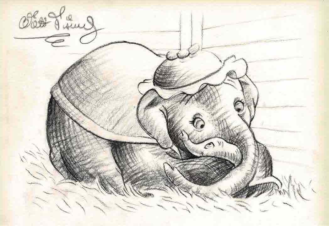 Walt Disney Original drawing of Dumbo: An original pencil drawing to cream thin card of Dumbo and his Mother being 10 1/2 inches by 7 1/4 inches in size in very good condition with some yellowing to the outer edges. Started without reserve