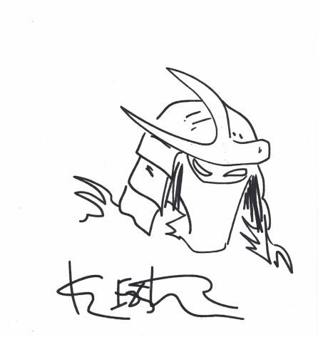 Kevin Eastman original Shredder drawing Teenage Mutant Ninja Turtles: KEVIN EASTMAN (b. 1962) American comic book artist and writer, best known as the co-creator of the Teenage Mutant Ninja Turtles. Original black felt tip drawing of one of "Shredder" on a 6 1/2 inches 