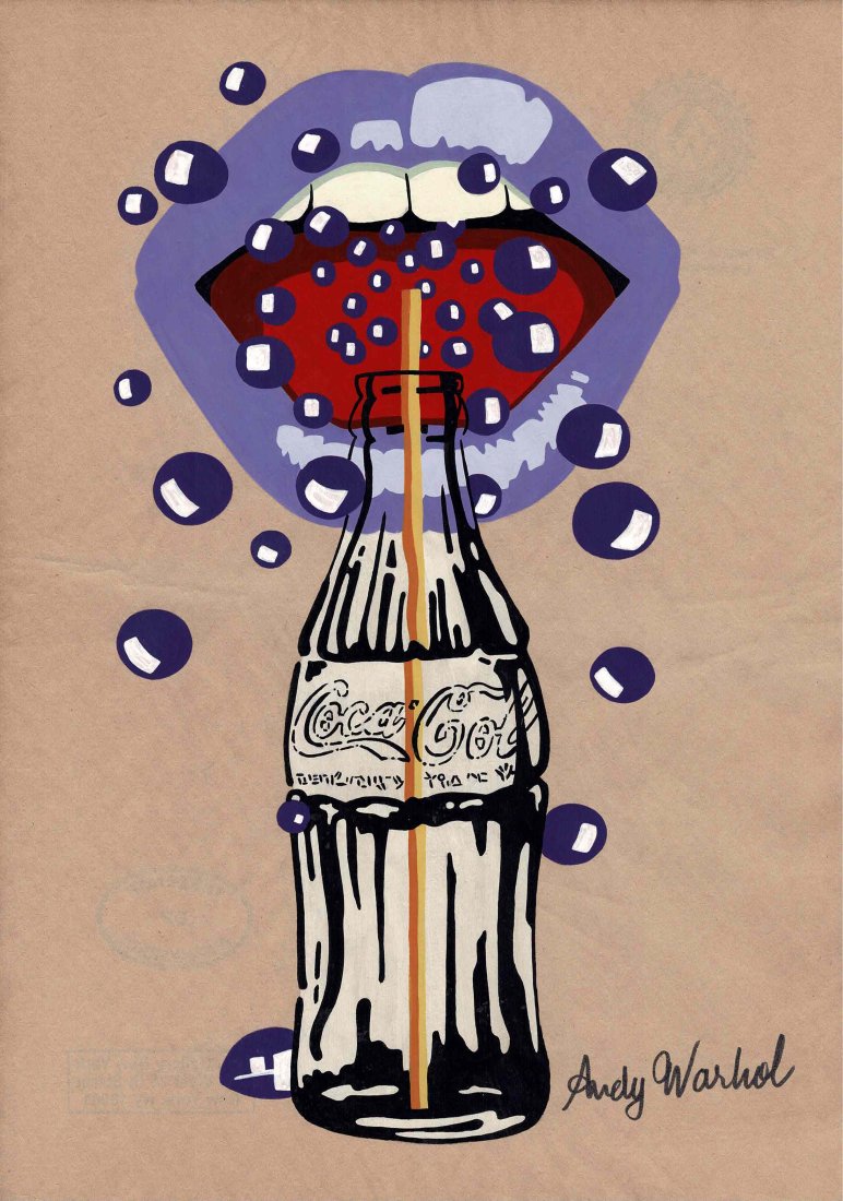 Andy Warhol Coca ~ Cola Hot Lips original drawing: An original vintage pen and watercolour of Hot Lips and a Coca ~ Cola bottle with straw by Andy Warhol drawn, painted and signed by him to the lower right hand corner. On the reverse there are 3 stamp