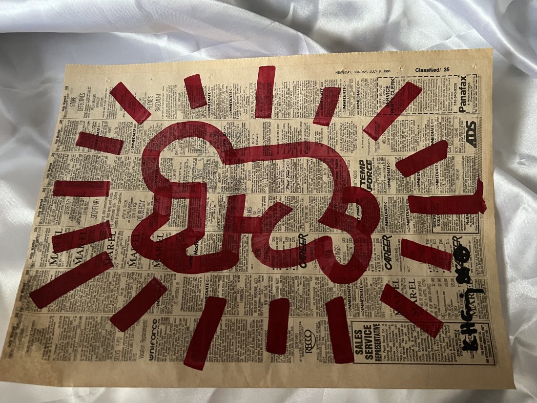 Keith Haring 1986 Radiant Baby drawing on a Newspaper + Certified (1 of 3)