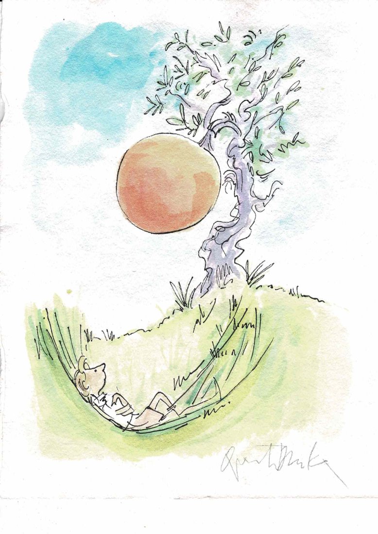 James & The Giant Peach Painting by Quentin Blake: An original painting from James and the Giant Peach by Quentin Blake. It is white uncut hand made rag paper from the artist and is small A5, 19.6cm by 15.5cm in size, uncut top and bottom edges and si