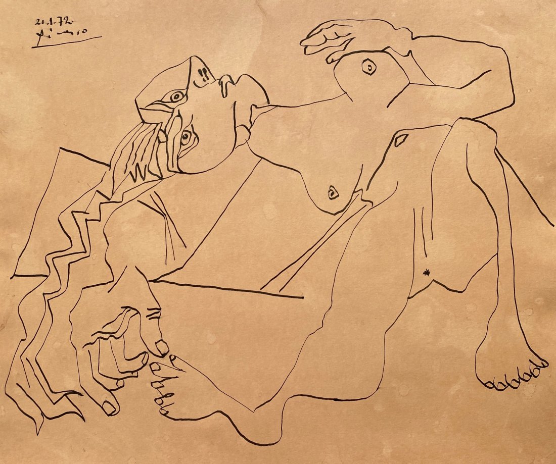 Pablo Picasso Reclining nude woman: This is an original black pen and ink drawing of a reclining woman by Picasso being 27.5 cm by 33.5cm in size and in very good condition.Signed and dated 21.1.72 and from a private collection in Italy