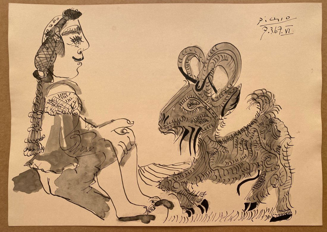 Pablo Picasso original drawing Seated shepherd and goat (1 of 2)