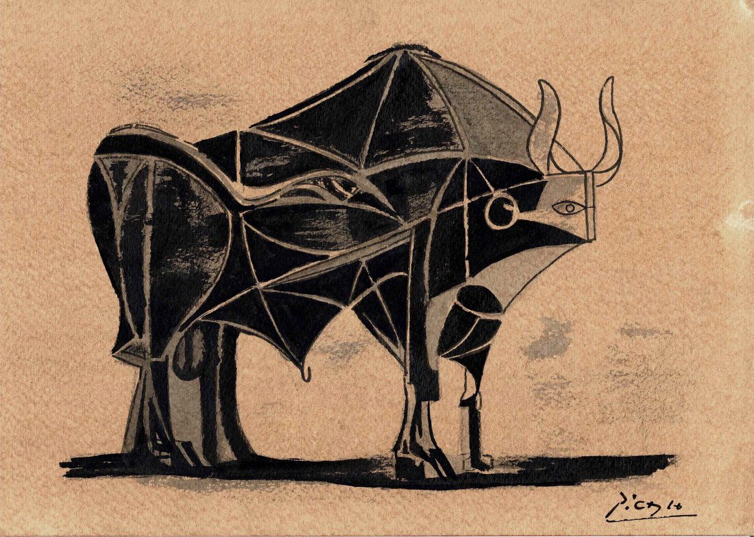 Picasso original charcoal & wash drawing Bull (1 of 2)