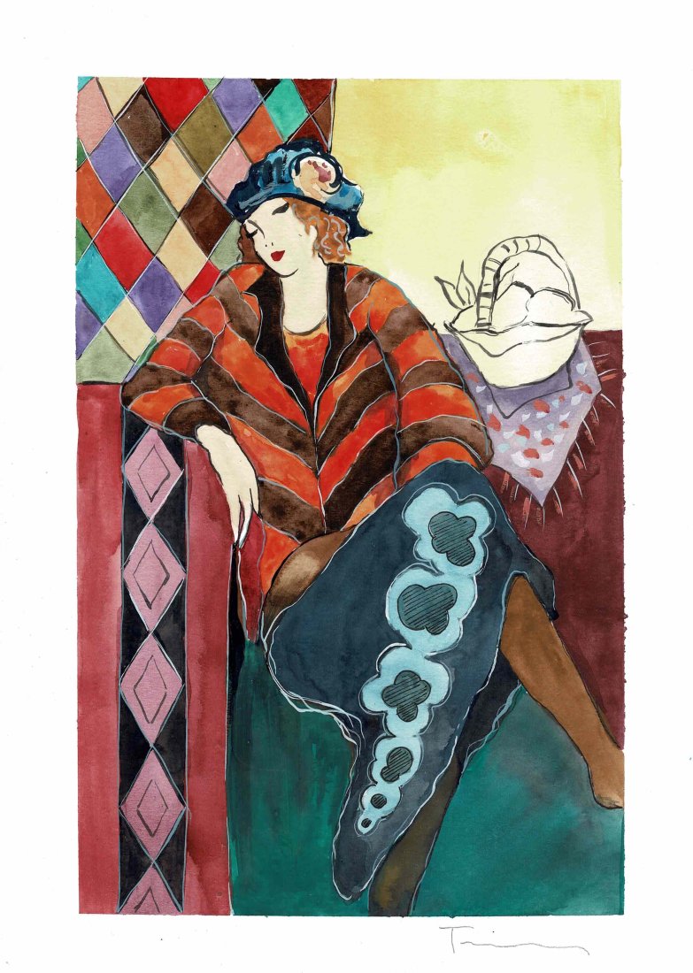 Itzchak Tarkay original watercolour + Appraisal: An original A4, 30cm by 20cm watercolour of a lady being signed in. pencil to the lower right hand corner. P{resented in close to fine condition with some slight handling creases which do not show if 